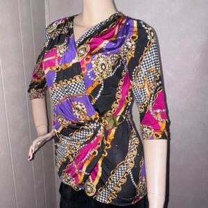 Joseph Ribkoff Multicolor Chain Print Faux Wrap Blouse 10